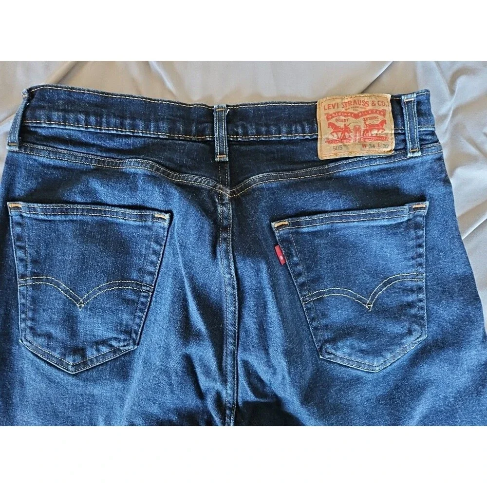 Levis 505 Jeans Mens 34x32 Blue Denim Tapered Leg Dark Wash Casual
